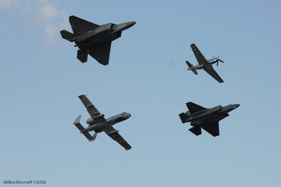 F-22, F-35, an A-10 and a P-51