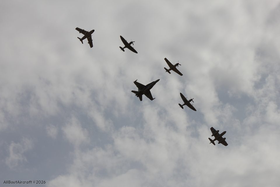 Mustang, two Spitfires, Meteor, Sabre and Hornet